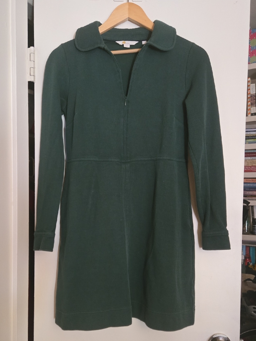 Boden Green Zip Front Mini Dress Women's Size 4 Long Sleeve Collared Preppy Chic